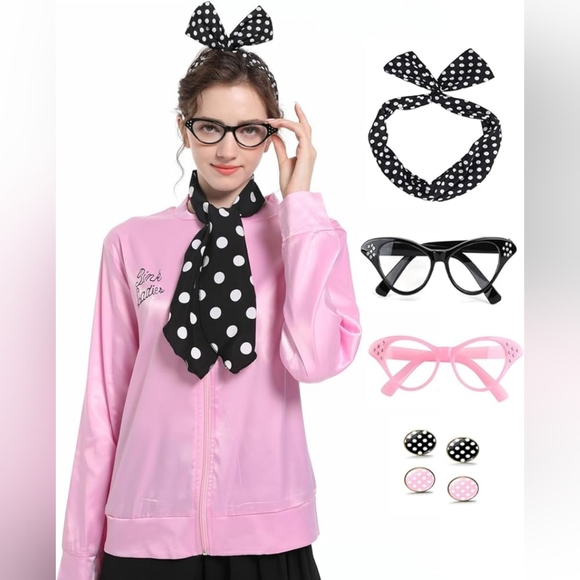 Pink Ladies Grease Movie Halloween Costume Set Plus Size XXL Satin Jacket Set - Picture 2 of 6